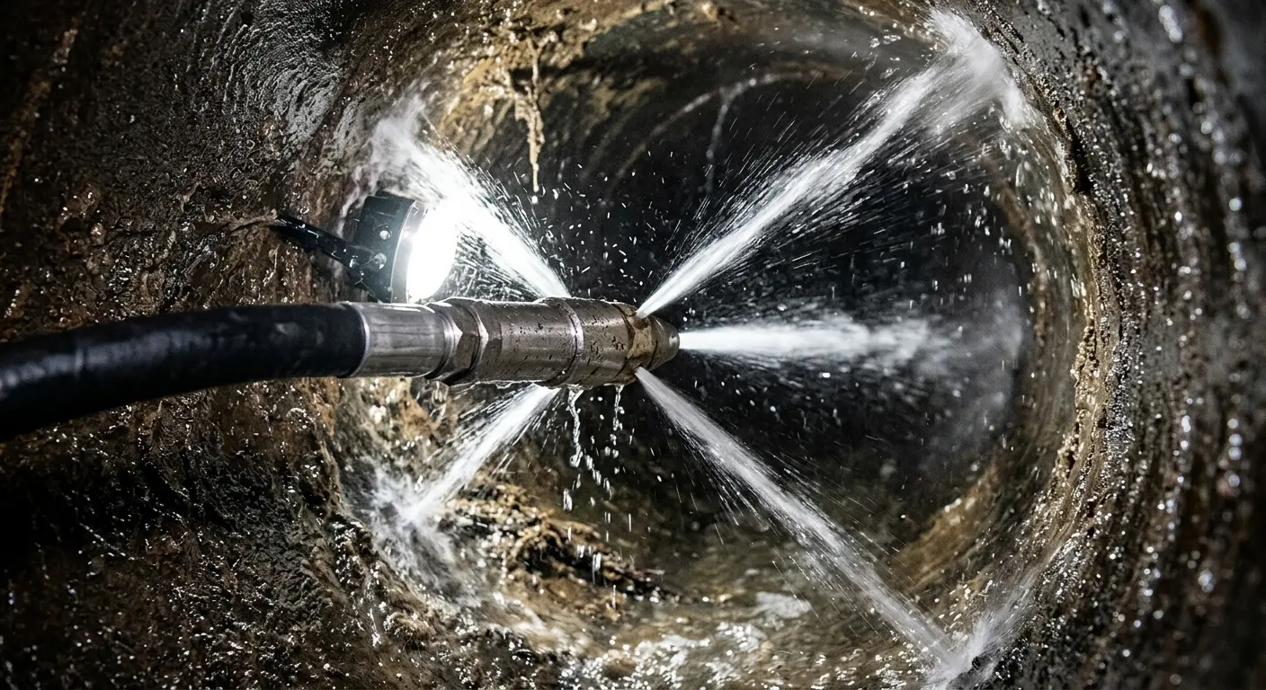 High-pressure hydro jetting nozzle cleaning sewer pipe for Emergency Drain Service in LaBelle