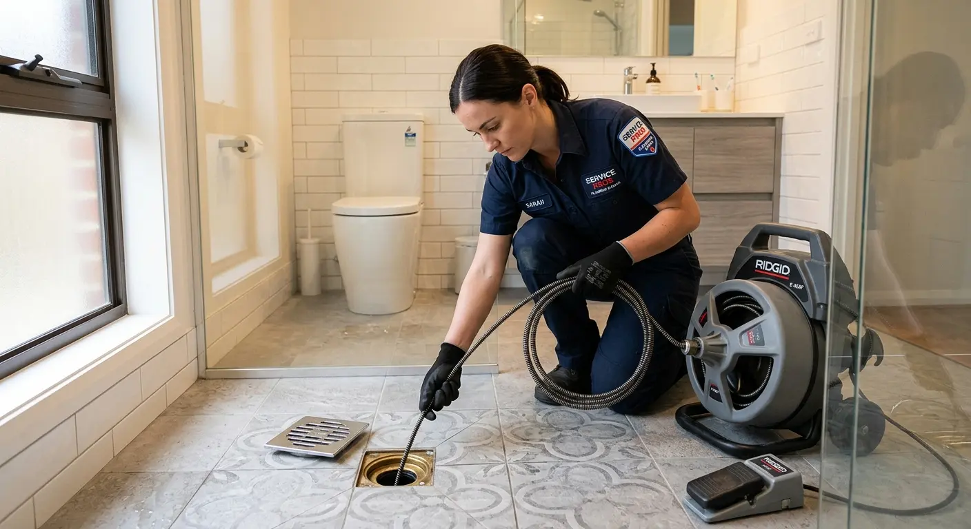Technician clearing a bathroom floor drain for Clogged Drain Repair in LaBelle
